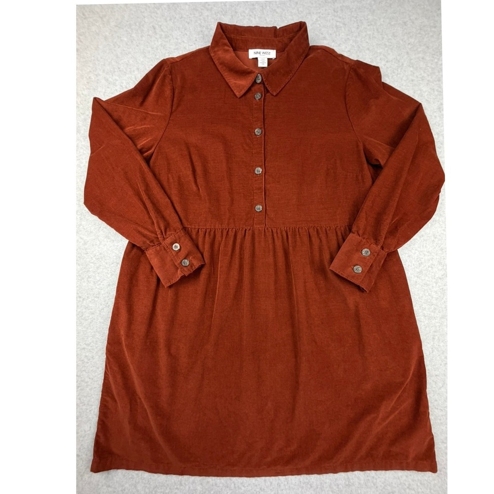Nine West Jeans Rust Orange Corduroy Button Down Empire Waist Dress XL Pockets